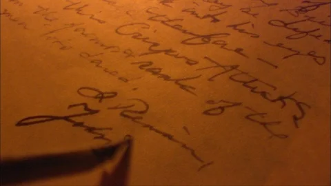Historical hand writes document on parchment with quill &amp; ink Stock Footage 90131804