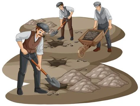 Historical Laborers Digging Holes and Transporting Soil with a Wheelbarrow 스톡 일러스트