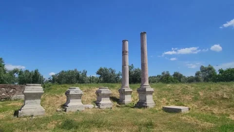 Historical Marble Columns and Ancient Ruins of Sardis Bath Gymnasium Stock Footage 335544690