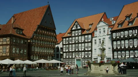 Historical market square and old town square with half-timbered buildings in  Stock Footage 147190866