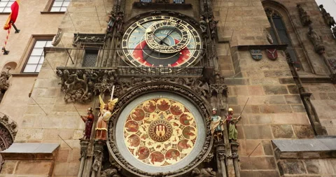 Historical medieval astronomical clock in Old Town Square in Prague, Czech Video stock 247476398