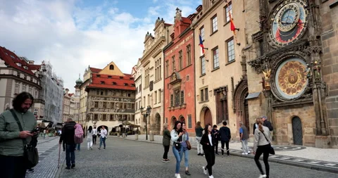 Historical medieval astronomical clock in Old Town Square in Prague, Czechia Stock Footage 247476426