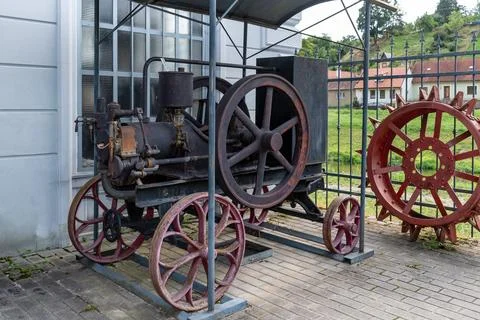 Historical mobile steam engine designed to drive technical equipment 스톡 사진