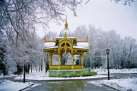 Historical Monument of Architecture Wood Gazebo Altanka in Ukraine in Winter Stock Photos