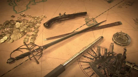 Historical Pirate stuff and Navigation Items on old Map. Video stock 227048592