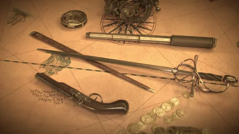 Historical Pirate stuff and Navigation Items on old Map. Stock Footage 227146767