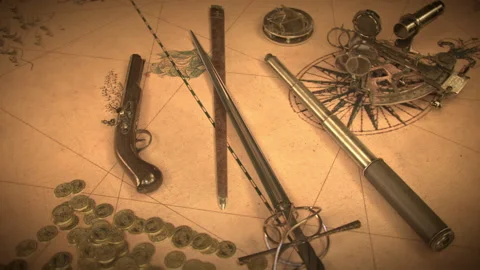 Historical Pirate stuff and Navigation Items on old Map. Stock Footage 229027101