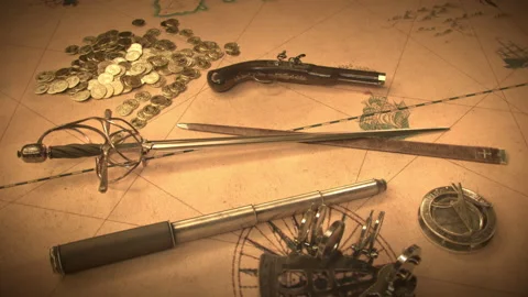 Historical Pirate stuff and Navigation Items on old Map. Stock Footage 229207580