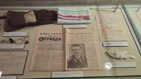 Historical Pravda Newspaper Reporting Yuri Gagarin's First Space Flight Stock Footage 343632729