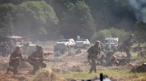 Historical reconstruction of the Second World War. Soldiers on the battle field Stock Footage 53312006