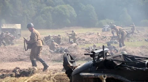 Historical reconstruction of the Second World War. Soldiers on the battle field Stock Footage 53312047