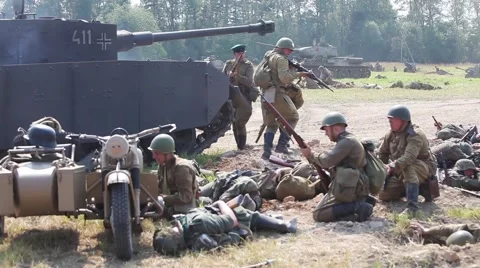 Historical reconstruction of the Second World War. Soldiers on the battle field Stock Footage 60744685