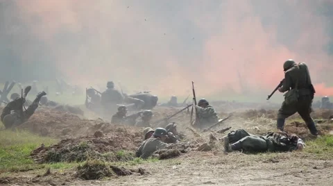 Historical reconstruction of the Second World War. Soldiers on the battle field Stock Footage 64086156