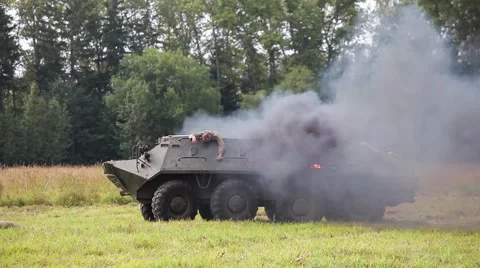 Historical reconstruction of the Second World War. Killed soldier on burning Stock Footage 64754295