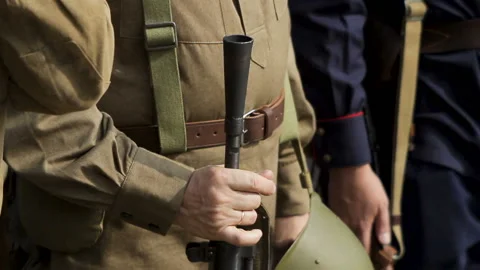 Historical reconstruction of Second World War. Soldiers on battle field during Stock Footage 102521245