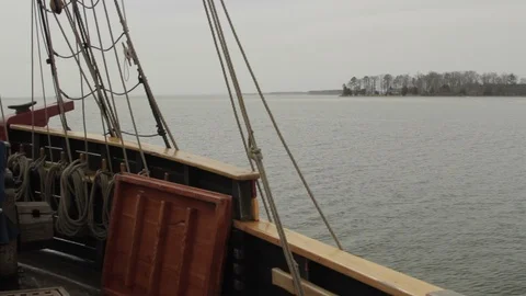 Historical Sailing Tall-Ship - Rigging, Masts on River Stock Footage 102740482