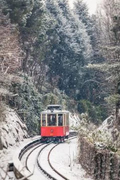 The historical Sassi  Superga rack tramway in winter time-. Turin, Italy Stock Photos