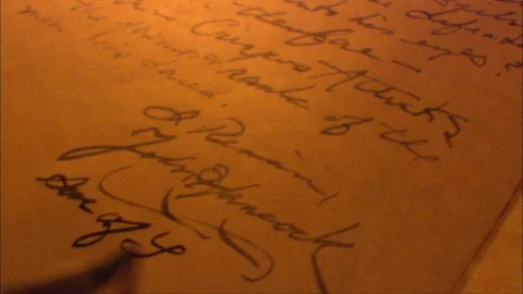 Historical signatures - writes document on parchment with quill Stock Footage 90131787