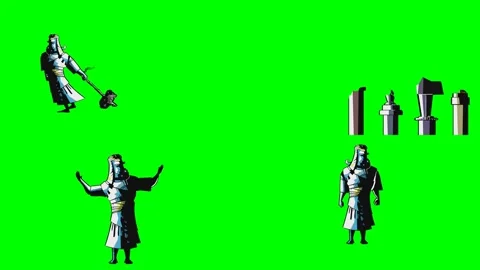 Historical silver statues of medieval knights and ancient people walking 2d Stock Footage 334702936