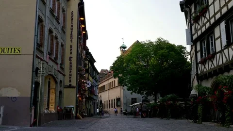 Historical street in Colmar city center, Alsace, France. Stock Footage
