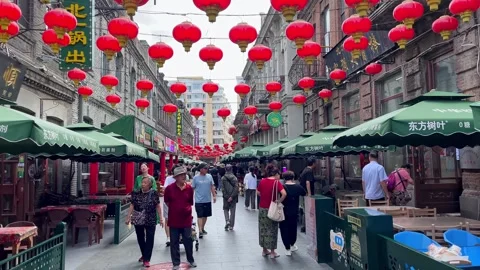 Historical street with red lantern in Harbin city, China Stock Footage 289245560