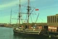 Historical style Boston Tea Party tour ship next to museum Footage