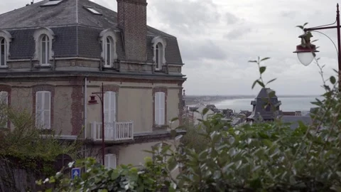 Historical villa with plants frame. Panoramic sea view. Slow motion 4K Stock Footage 258561902