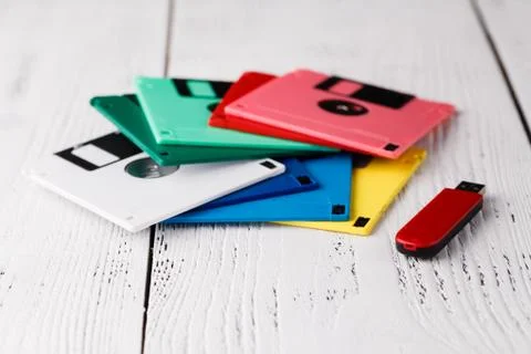 History of computers, floppy disk - retro storage Stock Photos