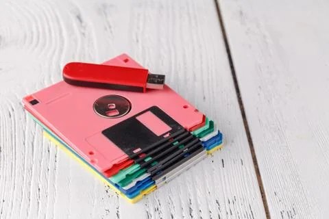 History of computers, floppy disk - retro storage Stock Photos