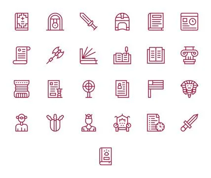 History Design Vector Icons featuring 25 PIXEL Perfect Regular Line Style Stock Illustration