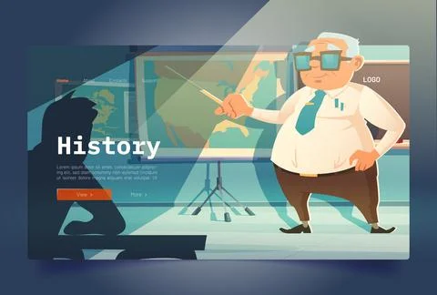History learning banner with teacher in classroom Stock Illustration