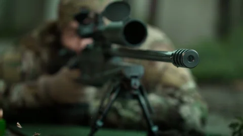 Hit the target. Sniper is preparing for apt shot. Special agent. Video stock 107534903