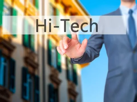 HiTech - Businessman hand pressing button on touch screen interface. Stock Photos