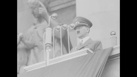 Hitler giving speech, German troops marching by the Westwall Stock Footage 103390260