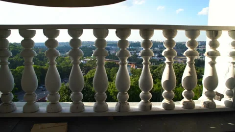 Hitting the camera through the fence of the bell tower. Smolensk from the height Video stock 195036777
