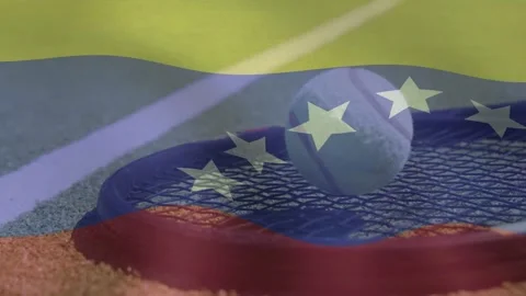 Hitting racket strings ball squashing rolling settling to top-right as flag Stock Footage 333106273