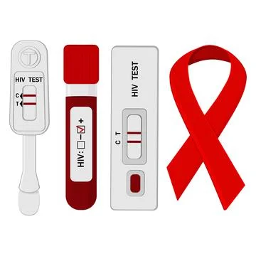An HIV testing kit with a laboratory test tube for blood analysis. Vector Stock Illustration