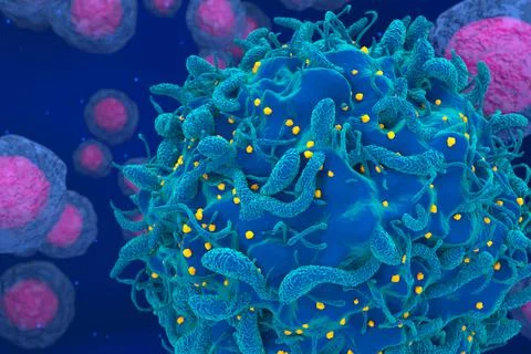 Hiv virus attack t-cell closeup 3d render illustration Stock Illustration