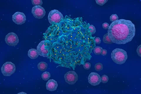 Hiv virus attack t-cell with regular cells 3d render illustration Stock Illustration