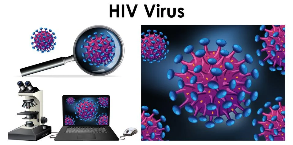 HIV virus on computer screen and magnifying glass Stock Illustration