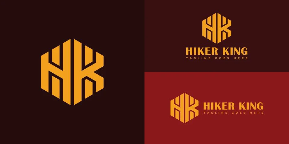 HK or KH initial letters hexagon logo in gold color isolated on multiple red Stock Illustration