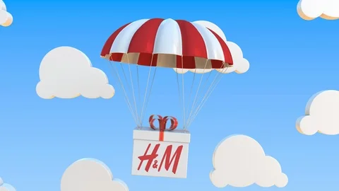 H&amp;M logo on moving Box moves under parachute. Editorial loopable 3D animation Stock Footage 122776529