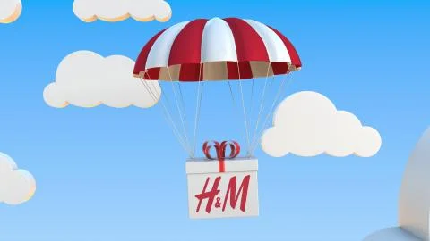 H&amp;M logo on moving Box moves under parachute. Editorial 3D rendering Stock Illustration