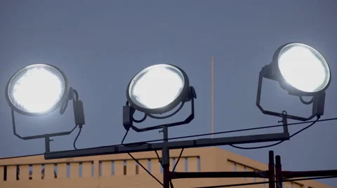 Hmi par array,professional lights in line on set illuminating a big area Stock Footage 54915884