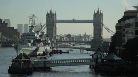 HMS Belfast and Tower Bridge Stock Footage 32508890