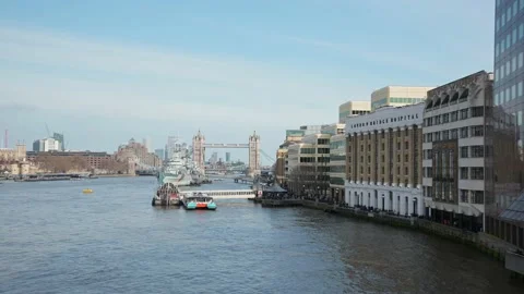 HMS Belfast And Tower Bridge From London Bridge Over River Thames, London Vidéo 238515129