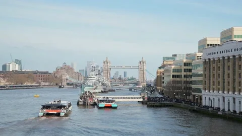 HMS Belfast And Tower Bridge From London Bridge Over River Thames, London Stock Footage 238515135