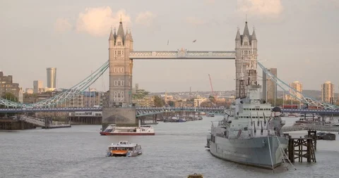 HMS Belfast docked infront of Tower Bridge Stock Footage 88199895