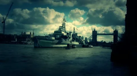 HMS Belfast Dramatic Stock Footage 10891384