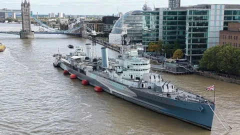 HMS Belfast moored on river Thames London UK drone,aerial Stock Footage 318954245